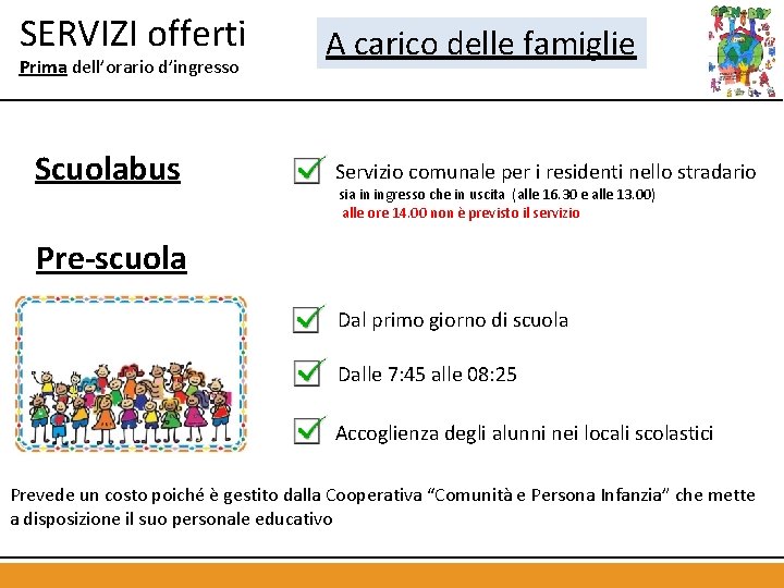 SERVIZI offerti Prima dell’orario d’ingresso Scuolabus A carico delle famiglie Servizio comunale per i