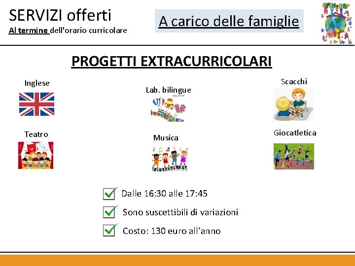 SERVIZI offerti Al termine dell'orario curricolare A carico delle famiglie PROGETTI EXTRACURRICOLARI Inglese Teatro