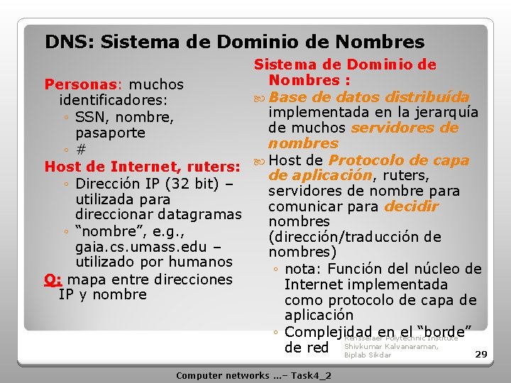 DNS: Sistema de Dominio de Nombres : Personas: muchos Base de datos distribuída identificadores: