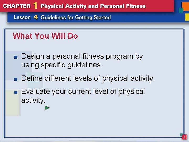 What You Will Do Design a personal fitness program by using specific guidelines. Define
