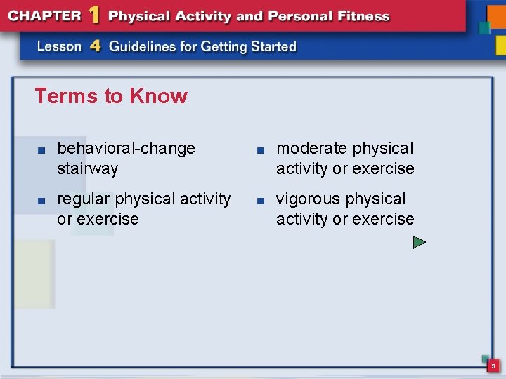 Terms to Know behavioral-change stairway moderate physical activity or exercise regular physical activity or