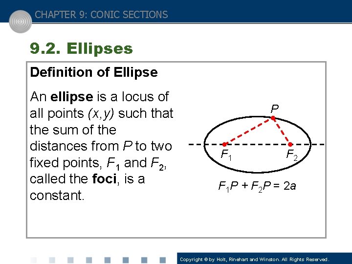 CHAPTER 9: CONIC SECTIONS 9. 2. Ellipses Definition of Ellipse An ellipse is a