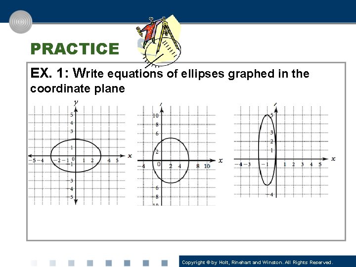 PRACTICE EX. 1: Write equations of ellipses graphed in the coordinate plane Copyright ©