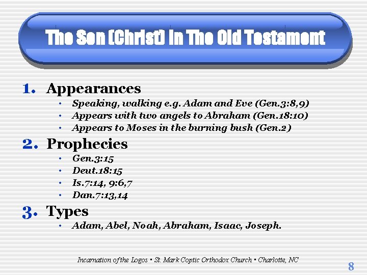 The Son (Christ) in The Old Testament 1. Appearances • • • Speaking, walking