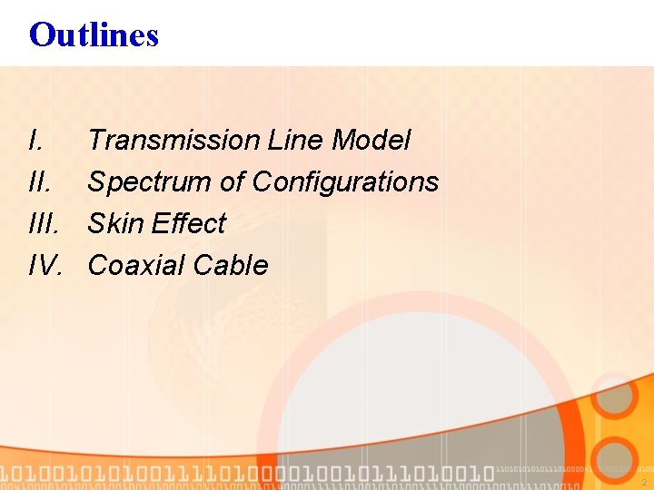 Outlines I. III. IV. Transmission Line Model Spectrum of Configurations Skin Effect Coaxial Cable
