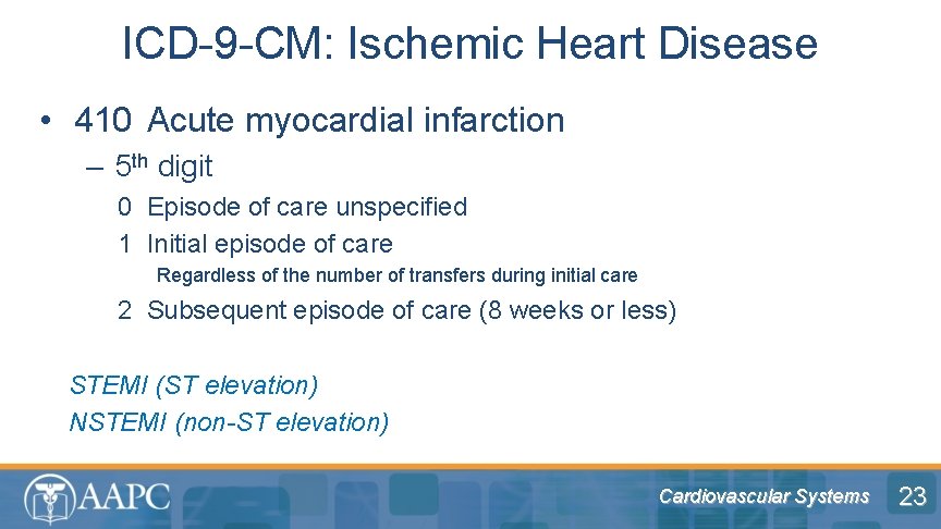 ICD-9 -CM: Ischemic Heart Disease • 410 Acute myocardial infarction – 5 th digit