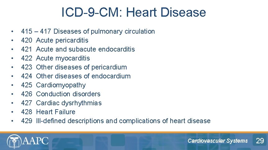 ICD-9 -CM: Heart Disease • • • 415 – 417 Diseases of pulmonary circulation