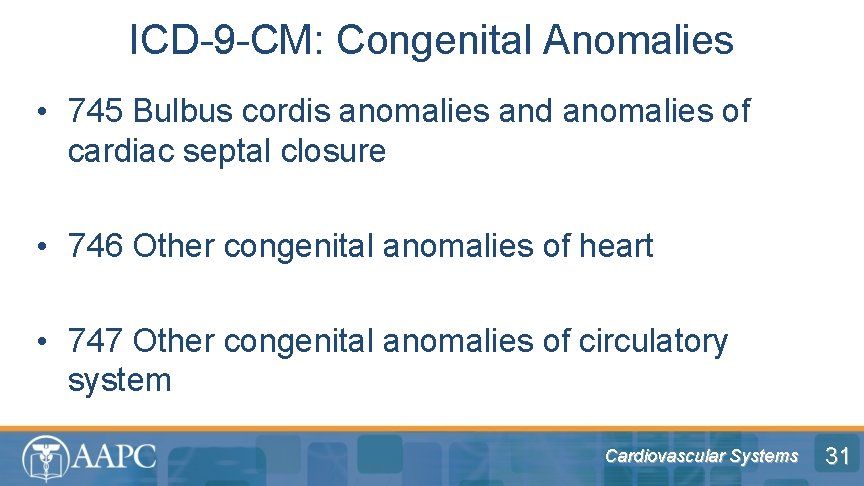 ICD-9 -CM: Congenital Anomalies • 745 Bulbus cordis anomalies and anomalies of cardiac septal