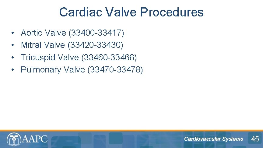 Cardiac Valve Procedures • • Aortic Valve (33400 -33417) Mitral Valve (33420 -33430) Tricuspid