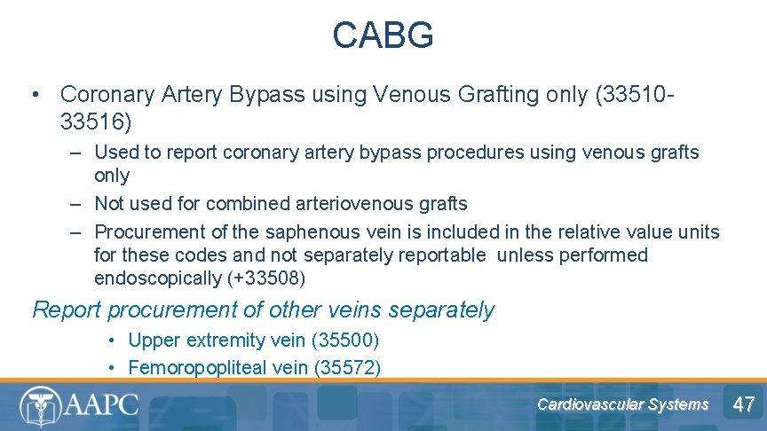 CABG • Coronary Artery Bypass using Venous Grafting only (3351033516) – Used to report