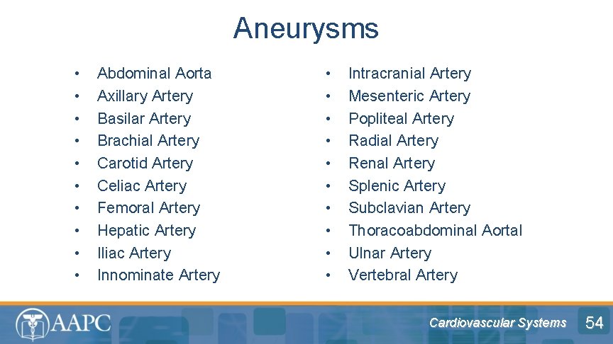 Aneurysms • • • Abdominal Aorta Axillary Artery Basilar Artery Brachial Artery Carotid Artery