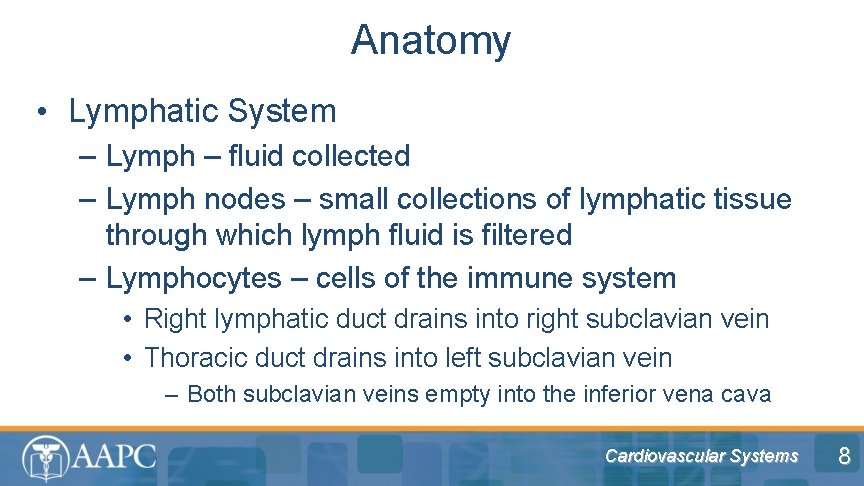 Anatomy • Lymphatic System – Lymph – fluid collected – Lymph nodes – small