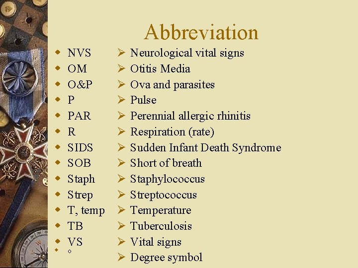 Abbreviation w w w w NVS OM O&P P PAR R SIDS SOB Staph