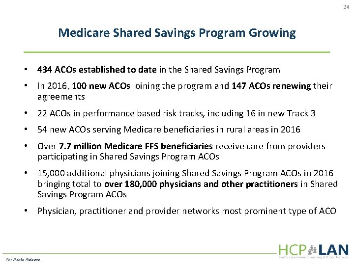 24 Medicare Shared Savings Program Growing • 434 ACOs established to date in the