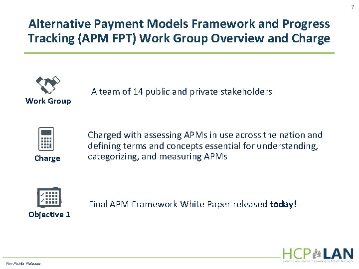 7 Alternative Payment Models Framework and Progress Tracking (APM FPT) Work Group Overview and