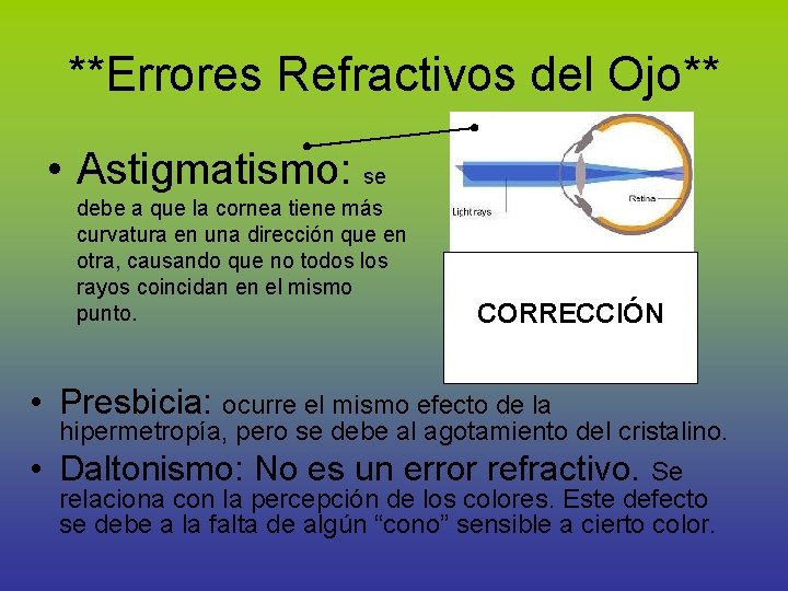 **Errores Refractivos del Ojo** • Astigmatismo: se debe a que la cornea tiene más