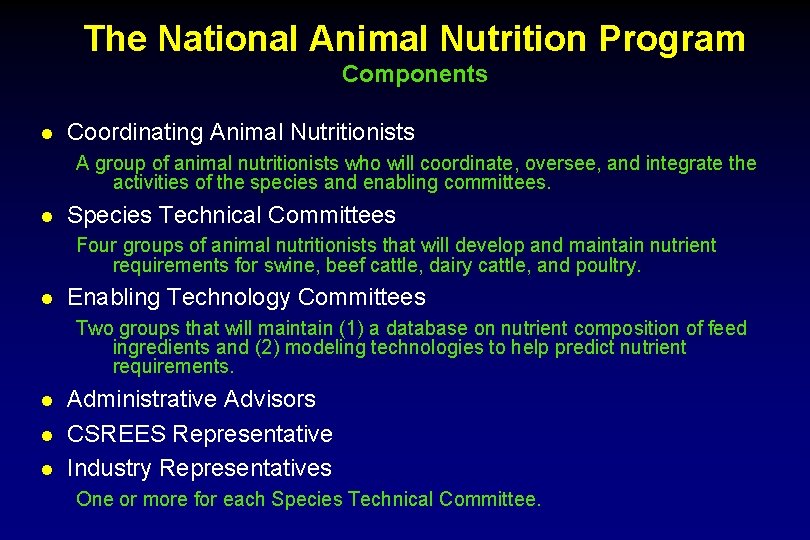 The National Animal Nutrition Program Components l Coordinating Animal Nutritionists A group of animal