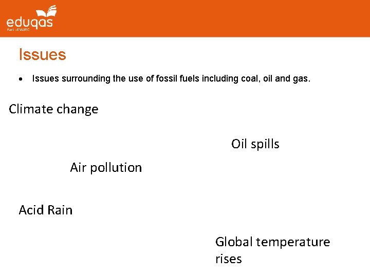 Issues surrounding the use of fossil fuels including coal, oil and gas. Climate change Issues surrounding the use of fossil fuels including coal, oil and gas. Climate change
