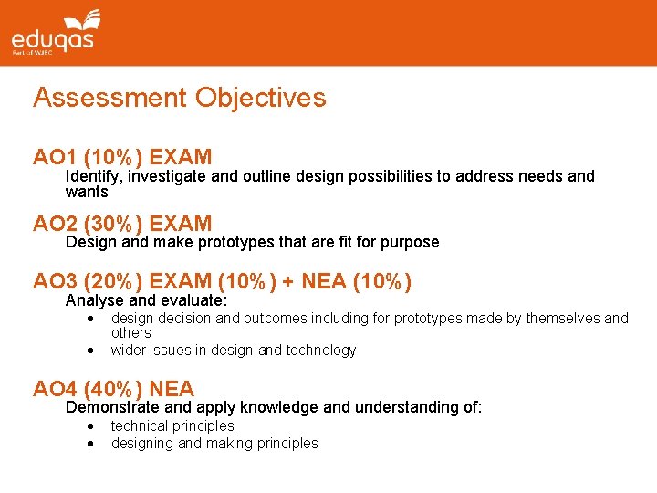Assessment Objectives AO 1 (10%) EXAM Identify, investigate and outline design possibilities to address Assessment Objectives AO 1 (10%) EXAM Identify, investigate and outline design possibilities to address