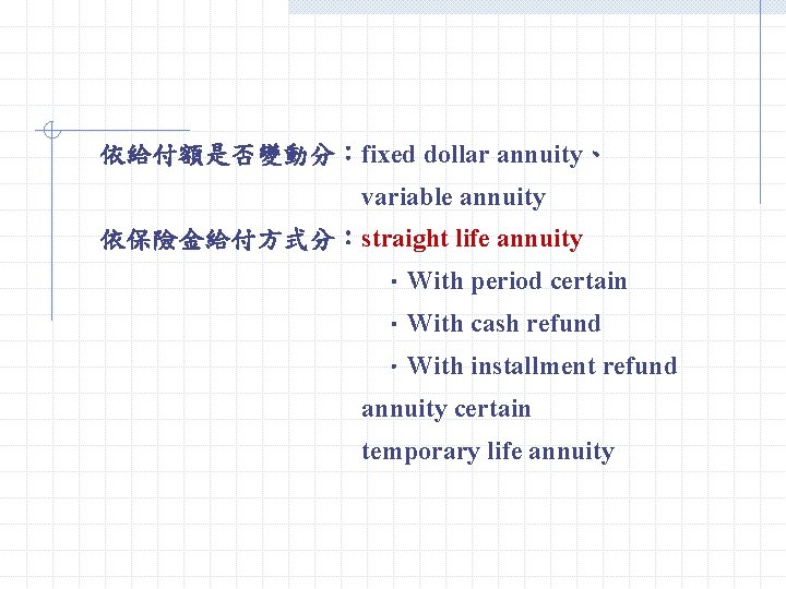 依給付額是否變動分:fixed dollar annuity、 variable annuity 依保險金給付方式分:straight life annuity .With period certain .With cash refund 依給付額是否變動分:fixed dollar annuity、 variable annuity 依保險金給付方式分:straight life annuity .With period certain .With cash refund
