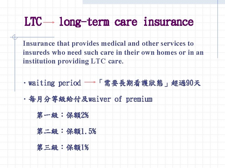 LTC long-term care insurance Insurance that provides medical and other services to insureds who LTC long-term care insurance Insurance that provides medical and other services to insureds who