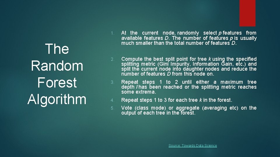 The Random Forest Algorithm 1. At the current node, randomly select p features from