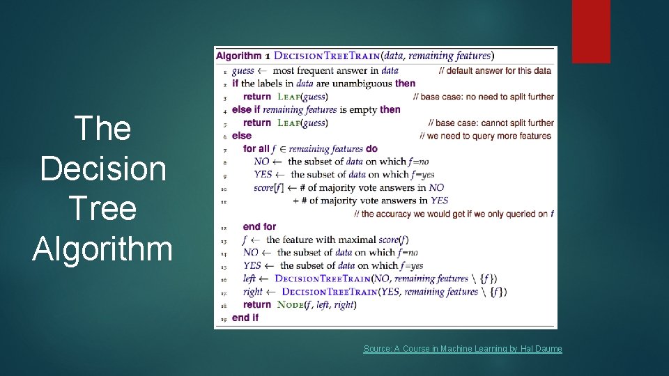 The Decision Tree Algorithm Source: A Course in Machine Learning by Hal Daume 