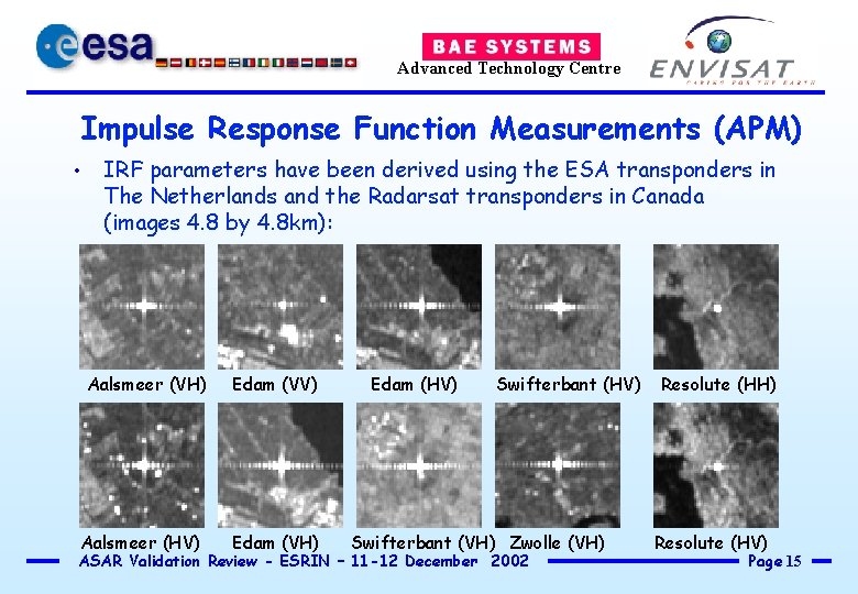 Advanced Technology Centre Impulse Response Function Measurements (APM) • IRF parameters have been derived