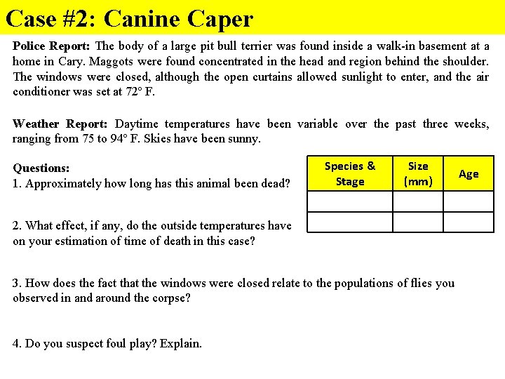 Case #2: Canine Caper Police Report: The body of a large pit bull terrier