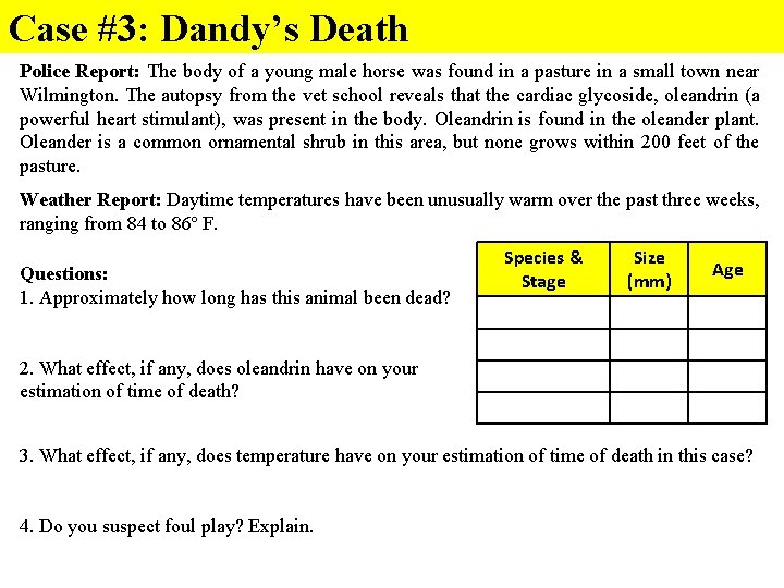 Case #3: Dandy’s Death Police Report: The body of a young male horse was