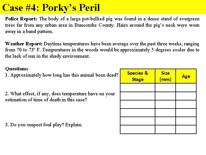 Case #4: Porky’s Peril Police Report: The body of a large pot-bellied pig was