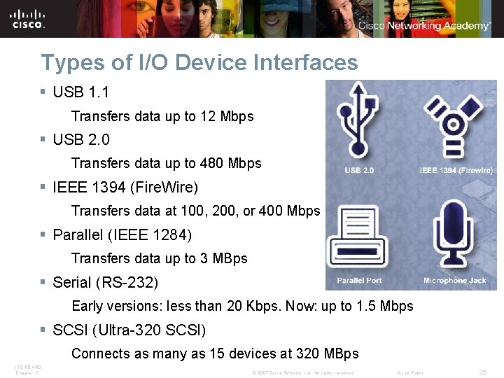 Types of I/O Device Interfaces § USB 1. 1 Transfers data up to 12