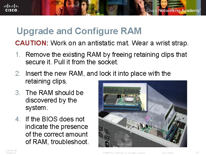 Upgrade and Configure RAM CAUTION: Work on an antistatic mat. Wear a wrist strap.