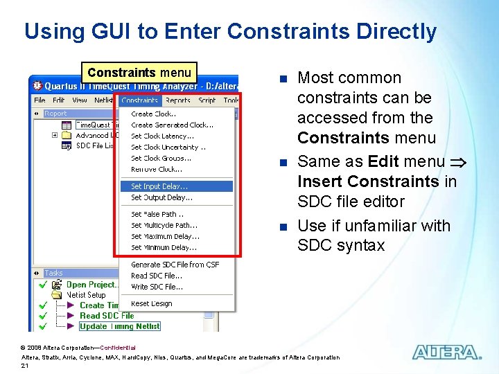 Using GUI to Enter Constraints Directly Constraints menu n n n Most common constraints Using GUI to Enter Constraints Directly Constraints menu n n n Most common constraints