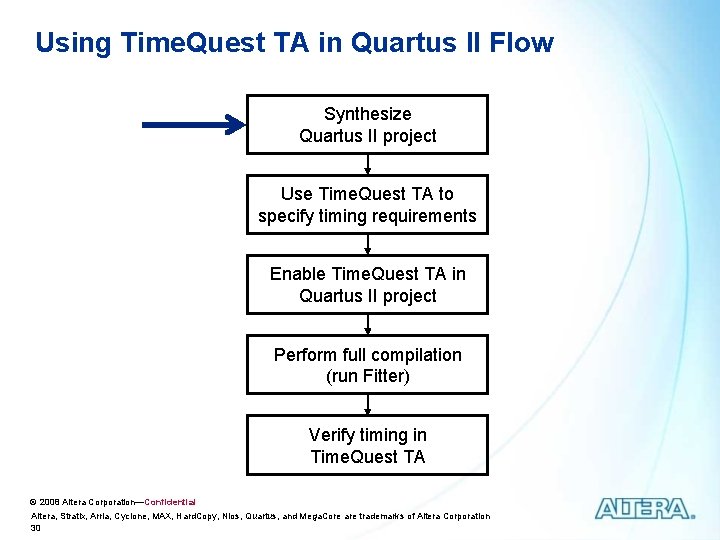 Using Time. Quest TA in Quartus II Flow Synthesize Quartus II project Use Time. Using Time. Quest TA in Quartus II Flow Synthesize Quartus II project Use Time.