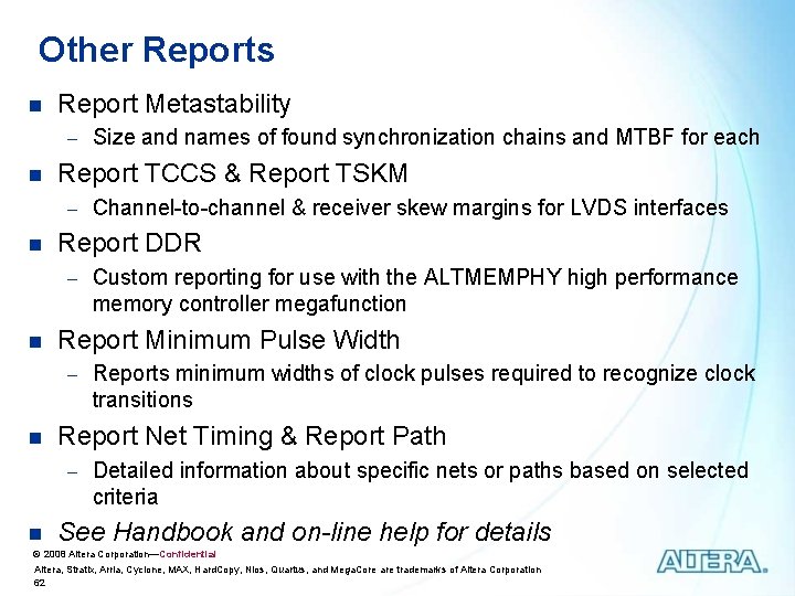 Other Reports n Report Metastability - Size and names of found synchronization chains and Other Reports n Report Metastability - Size and names of found synchronization chains and