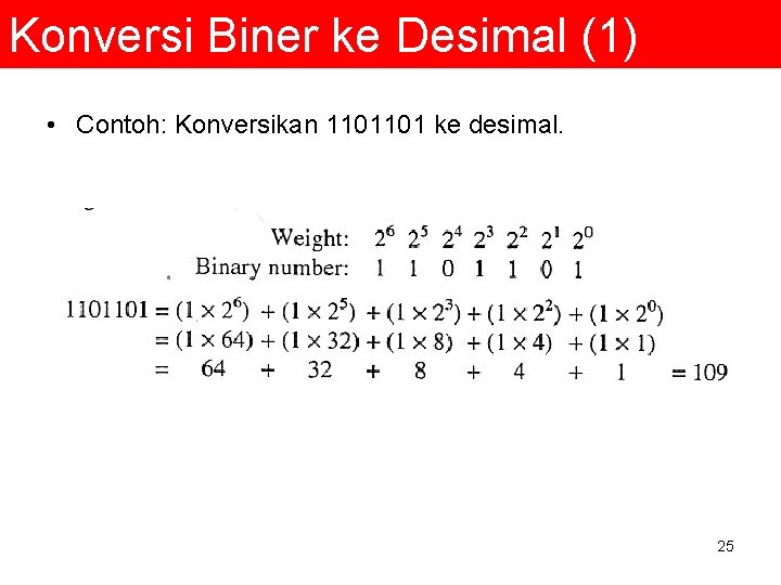 Konversi Biner ke Desimal (1) • Contoh: Konversikan 1101101 ke desimal. 25 