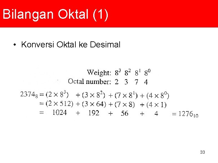 Bilangan Oktal (1) • Konversi Oktal ke Desimal 33 