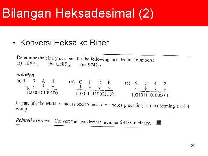 Bilangan Heksadesimal (2) • Konversi Heksa ke Biner 39 