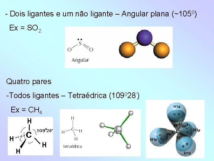 - Dois ligantes e um não ligante – Angular plana (~1050) Ex = SO