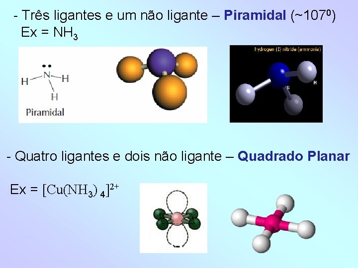 - Três ligantes e um não ligante – Piramidal (~1070) Ex = NH 3