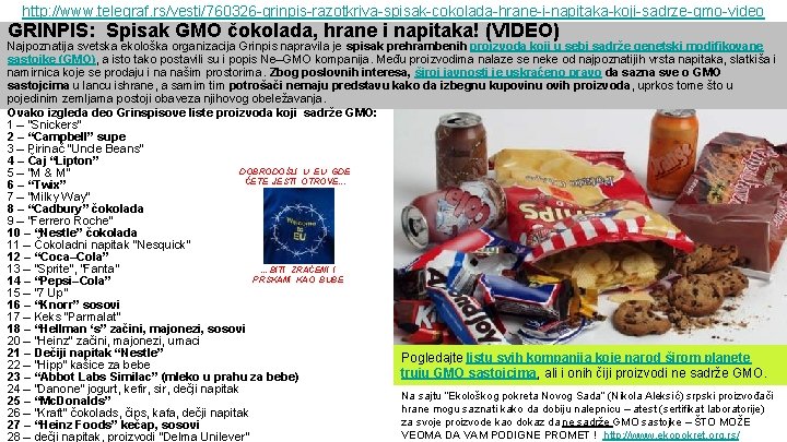 http: //www. telegraf. rs/vesti/760326 -grinpis-razotkriva-spisak-cokolada-hrane-i-napitaka-koji-sadrze-gmo-video GRINPIS: Spisak GMO čokolada, hrane i napitaka! (VIDEO) Najpoznatija http: //www. telegraf. rs/vesti/760326 -grinpis-razotkriva-spisak-cokolada-hrane-i-napitaka-koji-sadrze-gmo-video GRINPIS: Spisak GMO čokolada, hrane i napitaka! (VIDEO) Najpoznatija