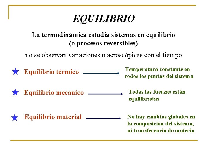 EQUILIBRIO La termodinámica estudia sistemas en equilibrio (o procesos reversibles) no se observan variaciones