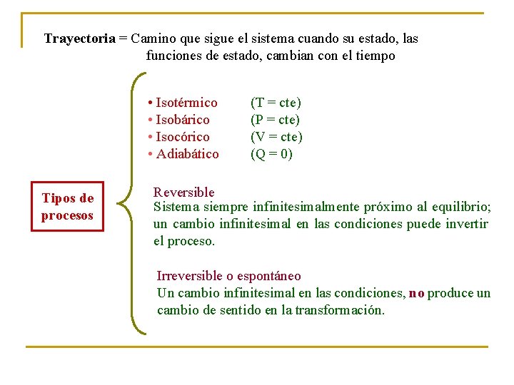 Trayectoria = Camino que sigue el sistema cuando su estado, las funciones de estado,