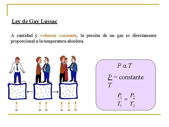 Ley de Gay Lussac A cantidad y volumen constante, la presión de un gas