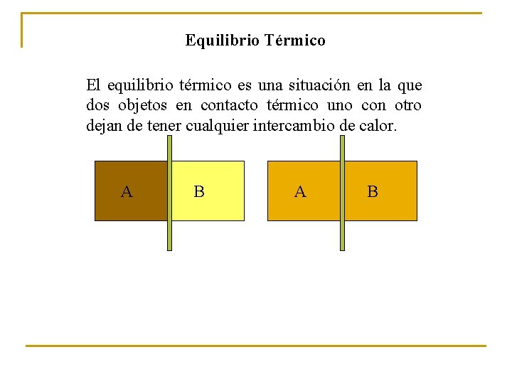 Equilibrio Térmico El equilibrio térmico es una situación en la que dos objetos en