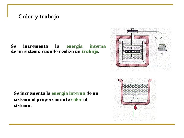 Calor y trabajo Se incrementa la energía interna de un sistema cuando realiza un