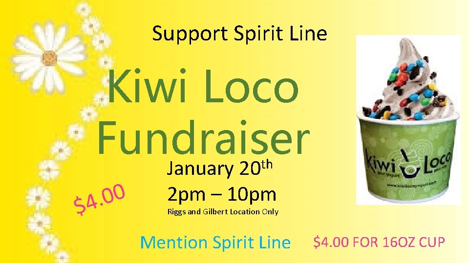 Support Spirit Line Kiwi Loco Fundraiser January 20 th 0 0. $4 2 pm Support Spirit Line Kiwi Loco Fundraiser January 20 th 0 0. $4 2 pm