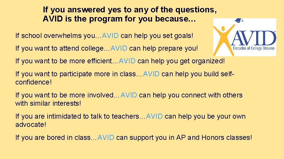 If you answered yes to any of the questions, AVID is the program for If you answered yes to any of the questions, AVID is the program for