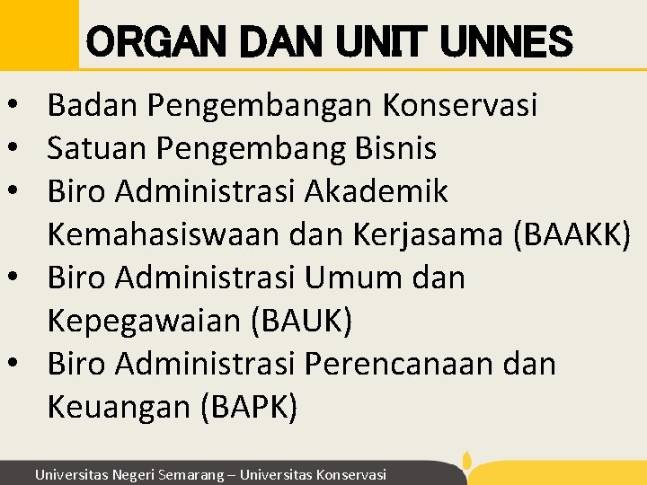 ORGAN DAN UNIT UNNES • Badan Pengembangan Konservasi • Satuan Pengembang Bisnis • Biro ORGAN DAN UNIT UNNES • Badan Pengembangan Konservasi • Satuan Pengembang Bisnis • Biro